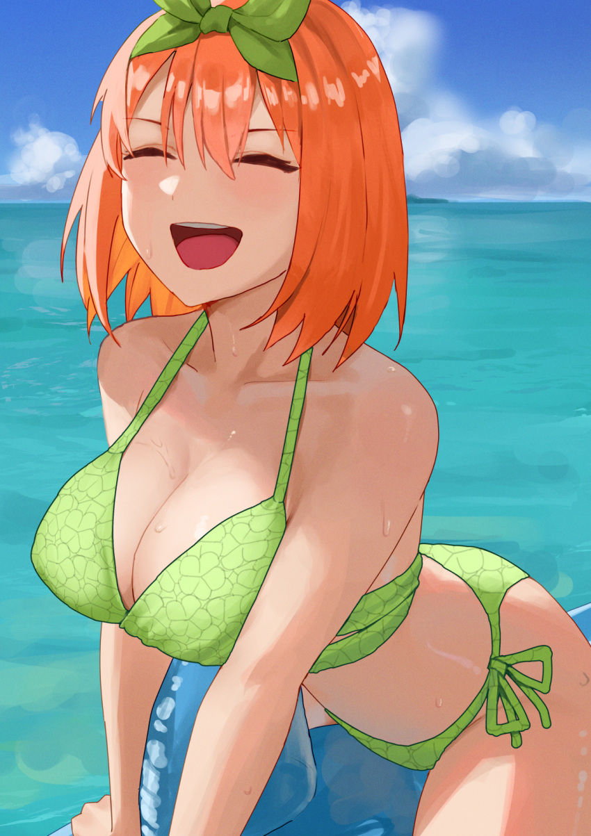 1girl :d ^_^ amog arched_back arm_support bare_shoulders bikini blue_sky blush breasts cleavage closed_eyes cloud clover_print collarbone cowboy_shot day double-parted_bangs eyelashes facing_viewer go-toubun_no_hanayome green_bikini green_ribbon hair_between_eyes hair_ribbon happy heart highres inflatable_dolphin inflatable_toy large_breasts medium_hair nakano_yotsuba ocean open_mouth orange_hair outdoors ribbon round_teeth side-tie_bikini_bottom sidelighting sitting sky smile solo spoken_heart summer swimsuit teeth upper_teeth_only wet