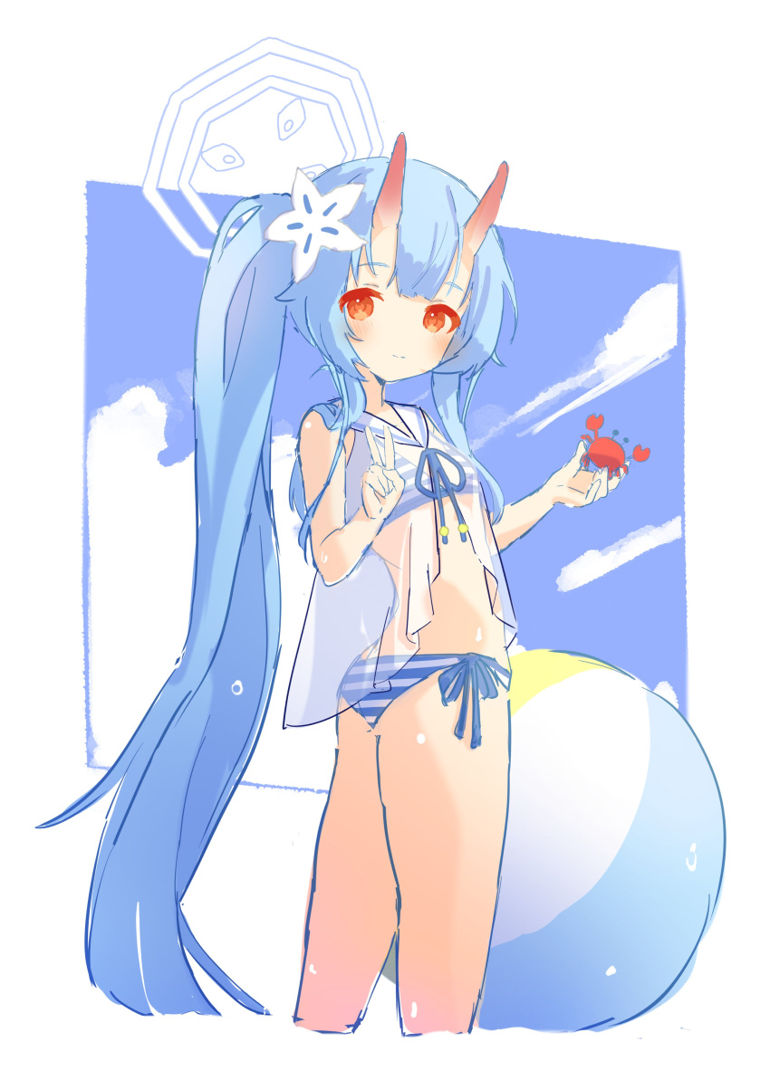 1girl absurdres animal ass ball beachball bikini blue_archive blue_bikini blue_hair blue_halo breasts chise_(blue_archive) chise_(swimsuit)_(blue_archive) closed_mouth commentary crab cropped_legs cy_fros flower hair_flower hair_ornament halo highres holding holding_animal horns long_hair looking_at_viewer official_alternate_costume oni oni_horns ponytail red_eyes sailor_bikini sailor_collar see-through side-tie_bikini_bottom small_breasts smile solo striped striped_bikini swimsuit symbol-only_commentary v very_long_hair white_flower white_sailor_collar