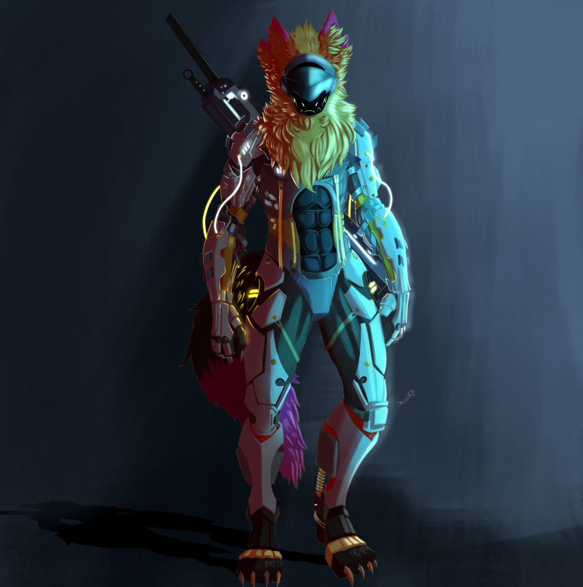 absurd_res anthro black_body black_fur blade blue_light cybernetics cyborg electricity fur furanburu hi_res konami machine magenta_fur male melee_weapon metal metal_gear metal_gear_rising:_revengeance orange_body orange_fur orange_light protogen raiden_(metal_gear) red_body red_fur solo sword unknown_artist weapon yellow_body yellow_fur