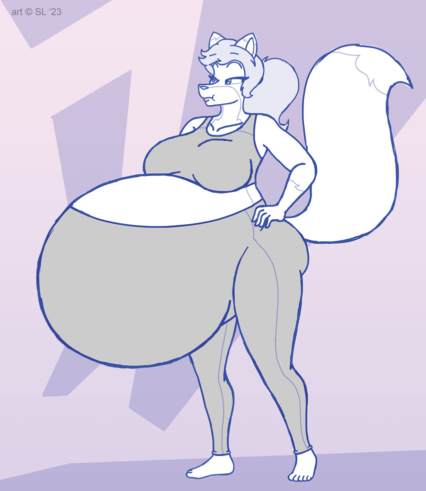 &copy; 2023 anthro ashley_(satsumalord) belly big_belly big_breasts bottomwear breasts canid canine clothed clothing digital_media_(artwork) female fox hair hand_on_hip hi_res mammal pants ponytail pregnant satsumalord solo symbol topwear