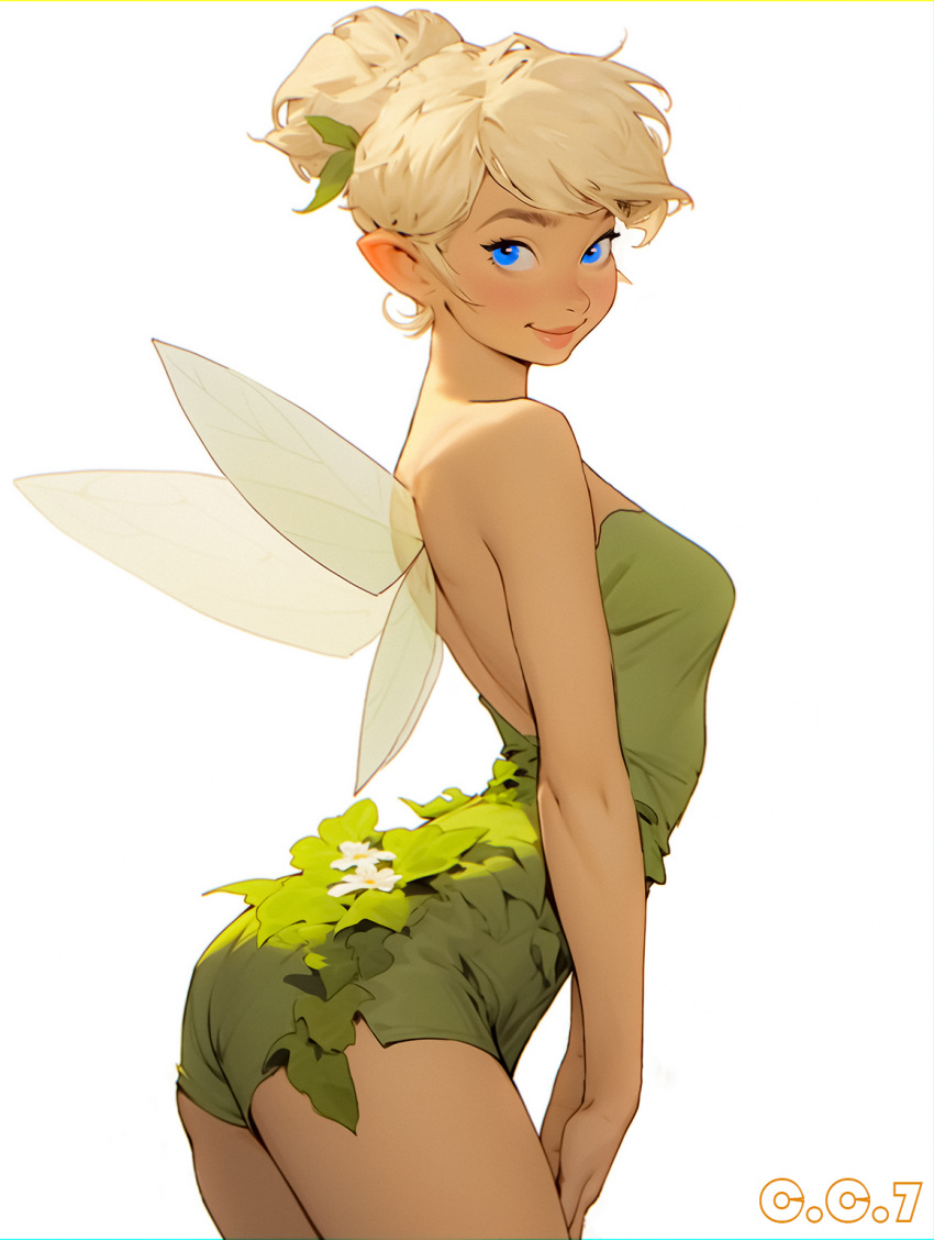 1girl ai-assisted artist_request black_eyeshadow blonde_hair blue_eyes blush breasts charliecat700 disney dress eyeshadow fairy fairy_wings from_side green_dress hair_bun highres leaf looking_at_viewer makeup mini_person minigirl peter_pan_(disney) pointy_ears single_hair_bun smile solo strapless strapless_dress tinker_bell_(disney) wings