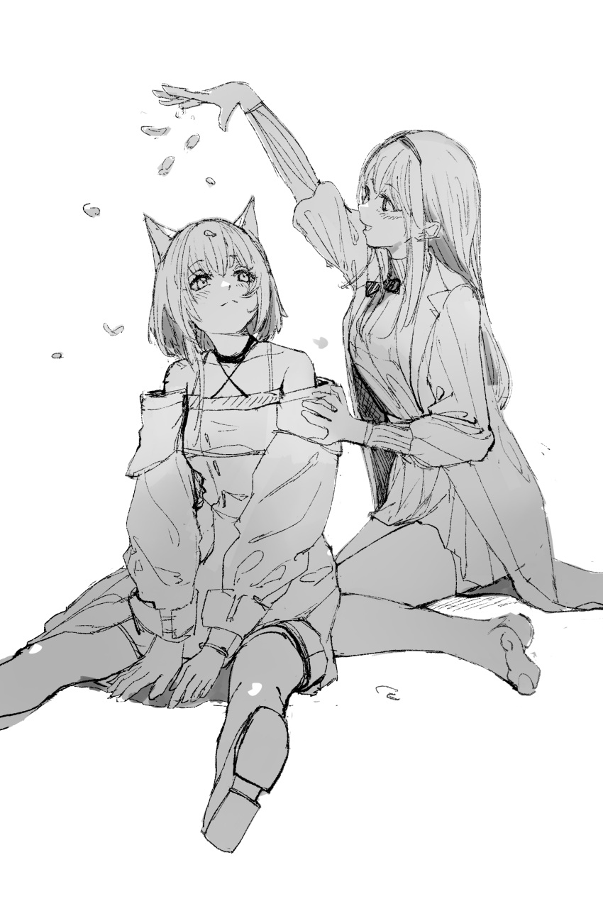 2girls absurdres arknights arm_up bare_shoulders barefoot between_legs commentary_request greyscale hand_between_legs highres jacket kal'tsit_(arknights) long_sleeves miao_ao_tian monochrome multiple_girls off-shoulder_jacket off_shoulder open_clothes open_jacket petals pleated_skirt priestess_(arknights) shirt shoe_soles simple_background sitting skirt wariza white_background