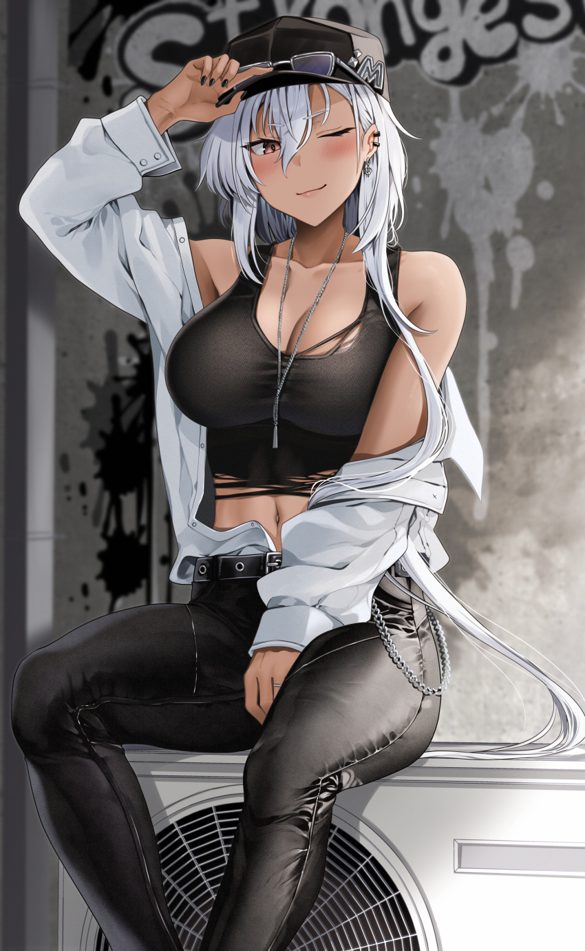 1girl absurdres air_conditioner belt black_nails black_pants breasts dark-skinned_female dark_skin ear_piercing graffiti hair_between_eyes highres jacket jewelry kantai_collection large_breasts musashi_(kancolle) necklace no_eyewear one_eye_closed pants piercing red_eyes short_hair_with_long_locks smile white_hair yunamaro