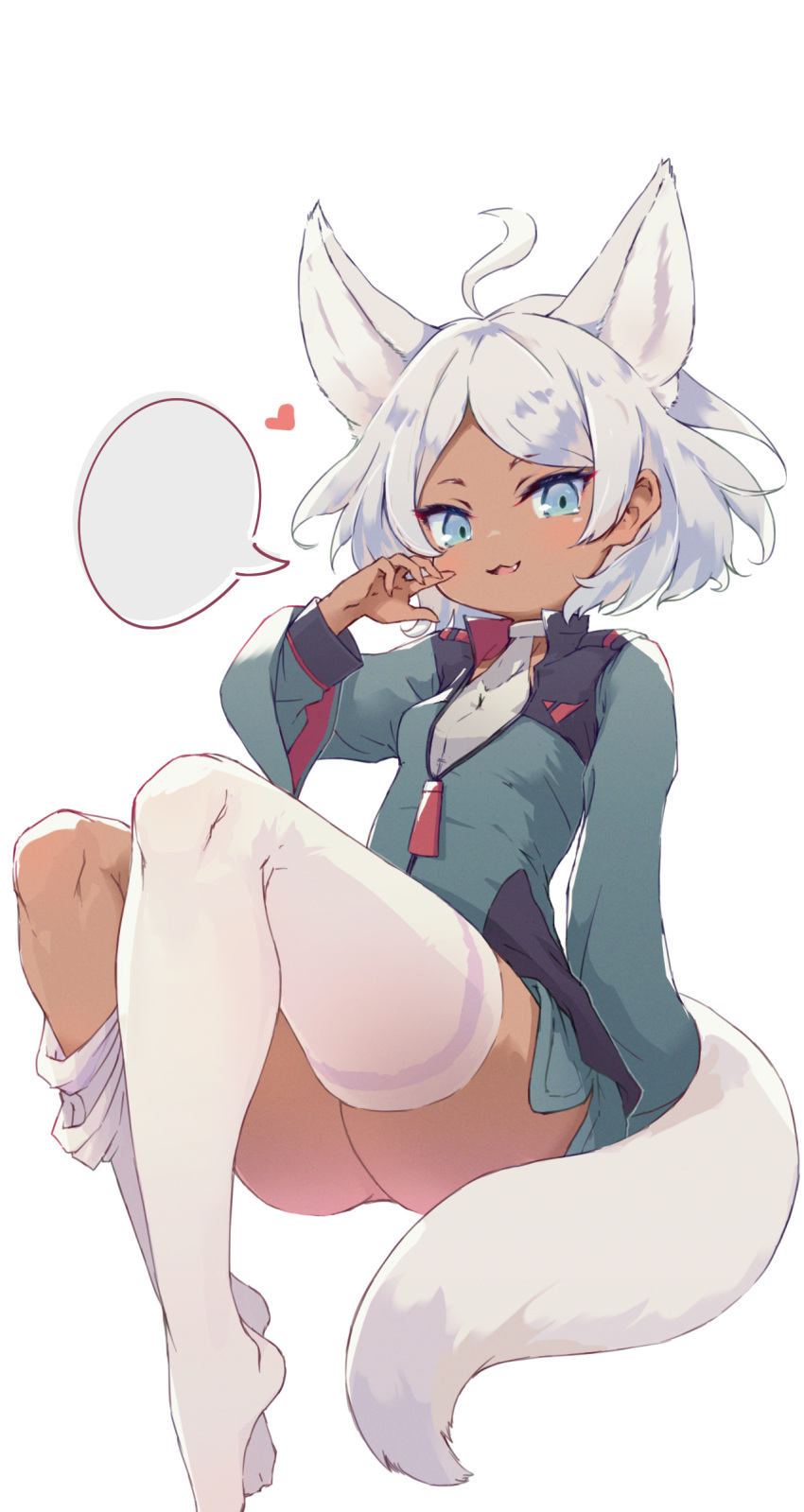 1girl ahoge animal_ears ass blank_speech_bubble blue_eyes dark-skinned_female dark_skin fox_ears fox_girl fox_tail gundam gundam_suisei_no_majo heart highres kemonomimi_mode kolshica long_sleeves looking_at_viewer parted_lips secelia_dote short_hair simple_background solo speech_bubble tail thighhighs white_background white_hair white_thighhighs