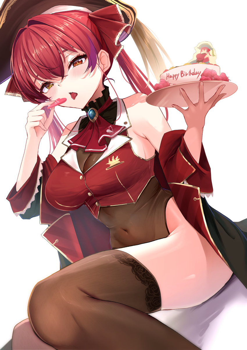 1girl absurdres ascot birthday_cake blush breasts brown_thighhighs cake cake_slice coat cropped_vest eating food gold_trim happy_birthday hat heart heterochromia highres hinoki_kahun0 holding holding_plate hololive houshou_marine large_breasts leotard long_hair off_shoulder pirate_hat plate red_ascot red_eyes red_hair red_vest simple_background sitting solo thighhighs thighs tongue tongue_out twintails vest white_background yellow_eyes