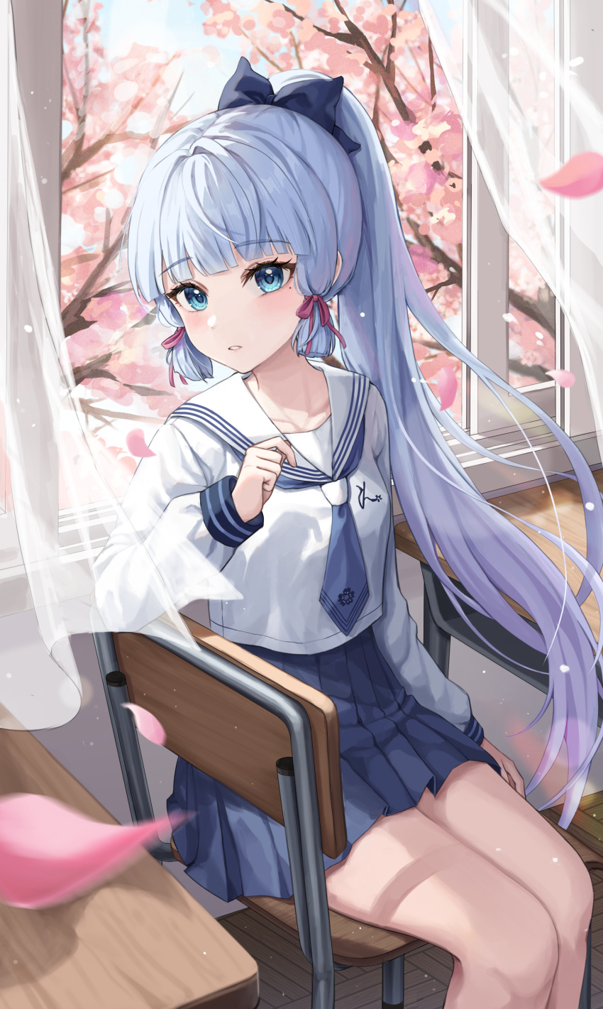 1girl absurdres blue_eyes blue_hair blue_neckerchief blue_skirt blunt_bangs blunt_tresses bow chair cherry_blossoms classroom commentary_request curtains desk falling_petals genshin_impact hair_bow hair_ribbon high-waist_skirt highres indoors kamisato_ayaka kamisato_ayaka_(heytea) light_blue_hair long_hair long_sleeves looking_at_viewer miudo mole mole_under_eye neckerchief official_alternate_costume on_chair parted_lips petals pleated_skirt ponytail ribbon sailor_collar school_chair school_desk school_uniform serafuku shirt sitting skirt tree tress_ribbon white_sailor_collar white_serafuku white_shirt wind window