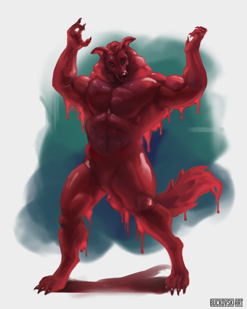 abs absurd_res anthro biceps buckovskiart canid canine canis curious dessert fantasy food full-length_portrait gelatin goo_creature hi_res jell-o male male/male mammal muscular pecs portrait red_body red_eyes slime slimefur solo tail weretober wolf