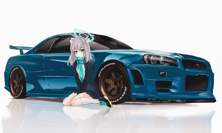 1girl animal_ear_fluff animal_ears black_footwear black_skirt blue_archive blue_hoodie blue_scarf car cat_ears expressionless halo highres hood hood_down hoodie looking_at_viewer miniskirt mole mole_under_eye motor_vehicle nissan nissan_skyline nissan_skyline_gt-r nissan_skyline_r34 nougat_(73r1r1) reflection scarf shadow shiroko_(blue_archive) shirt shoes sitting skirt sneakers socks solo spoiler_(automobile) sports_car vehicle_focus white_background white_shirt white_socks