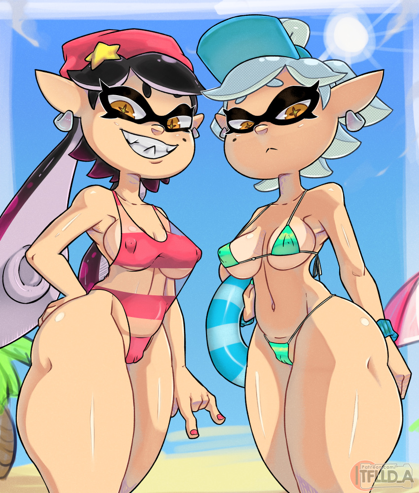 2023 5_fingers 5tflldartist5 animal_humanoid beach beanie beauty_mark big_breasts bikini black_hair breasts buoy callie_(splatoon) camel_toe cephalopod cephalopod_humanoid cleavage clothed clothing duo ear_piercing eyelashes facial_markings female fingers genital_outline glistening glistening_body glistening_skin grey_hair hair half-closed_eyes hand_on_hip hat head_markings headgear headwear hi_res holding_object humanoid humanoid_pointy_ears inkling long_hair looking_at_viewer looking_down low-angle_view marie_(splatoon) marine marine_humanoid markings mask_(marking) micro_bikini mollusk mollusk_humanoid nails narrowed_eyes navel nintendo nipple_outline one-piece_swimsuit orange_eyes outside palm_tree piercing plant portrait pseudo_hair pupils pussy_outline sand seaside short_hair side_boob skimpy sky smile splatoon squid_sisters_(splatoon) standing suction_cup sun swimwear tan_body tan_skin teeth tentacle_hair tentacles thick_thighs three-quarter_portrait tight_clothing tree under_boob unusual_pupils wristband