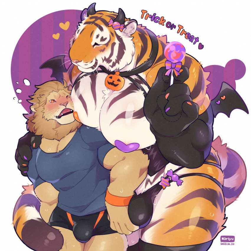 age_difference anthro armwear big_muscles bulge_grab clothing duo elbow_gloves felid giraffe_(artist) gloves halloween handwear hi_res holidays huge_muscles huge_pecs jack-o'-lantern lam-chan larger_male lion lion-san male male/male mammal muscular pantherine pasties shirt size_difference smaller_male tiger topwear