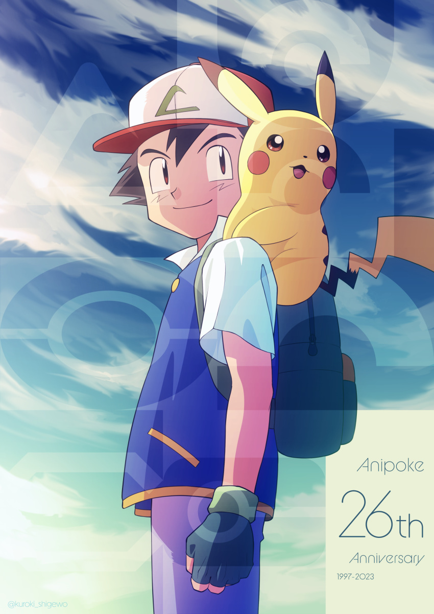 1boy anniversary ash_ketchum backpack bag baseball_cap black_hair blue_jacket blue_sky brown_eyes closed_mouth cloud dated fingerless_gloves from_side gloves green_gloves hat highres jacket kuroki_shigewo looking_away on_shoulder open_mouth pants pikachu poke_ball_symbol pokemon pokemon_(anime) pokemon_(creature) pokemon_journeys pokemon_on_shoulder popped_collar short_hair sky smile spiked_hair