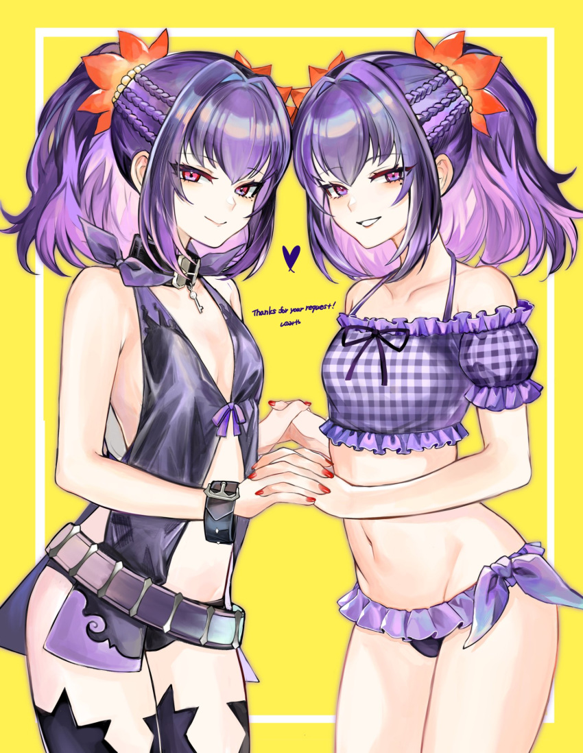 2girls belt bikini black_choker braid choker clone collar commission flower hair_flower hair_ornament heart highres holding_hands looking_at_viewer mole mole_under_eye multiple_girls nail_polish off-shoulder_bikini off_shoulder osiri_siri_siri purple_eyes purple_hair red_nails revealing_clothes sideless_outfit skeb_commission smile swimsuit symonne_(tales) tales_of_(series) tales_of_zestiria thank_you thighhighs twintails yellow_background