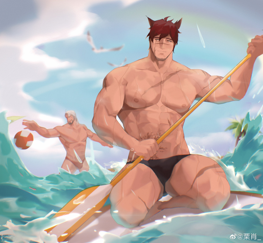 2boys abs absurdres bara beach beard bird black_male_swimwear cloud cloudy_sky facial_hair from_below grey_hair happy highres large_pectorals league_of_legends lixiao6342 looking_at_another looking_to_the_side male_focus male_swimwear mature_male multiple_boys muscular muscular_male nipples ocean orange_male_swimwear original pectorals rainbow red_hair rowing scar scar_on_cheek scar_on_face scar_on_nose seagull sett_(league_of_legends) short_hair sky smile solo_focus stomach surfboard surfing swim_briefs thick_eyebrows thick_thighs thighs topless_male volleyball wet