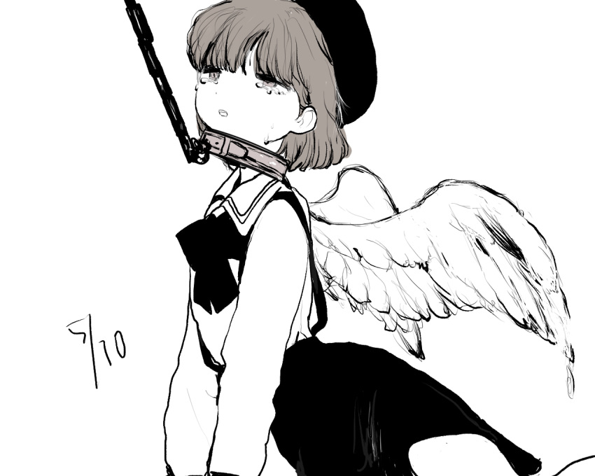 1girl all_fours angel_wings arm_support bdsm beret black_headwear black_ribbon black_skirt bow bowtie brown_eyes brown_hair collar commentary_request crying crying_with_eyes_open dated feet_out_of_frame half-closed_eyes hat hatoba_tsugu leash leash_pull limited_palette long_sleeves open_mouth ribbon rokka_seira sailor_collar shirt_tucked_in short_hair simple_background skirt solo suspender_skirt suspenders tears tsugu_(vtuber) virtual_youtuber white_background wings