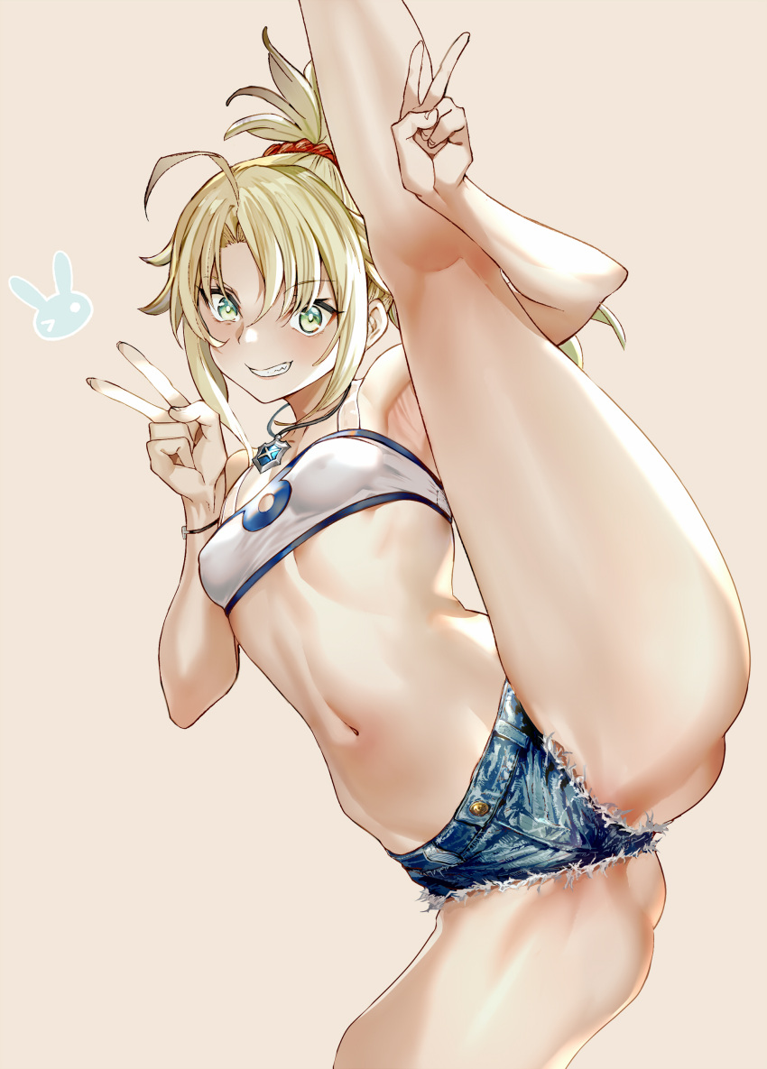 1girl absurdres ahoge armpits ass_visible_through_thighs bandeau bare_shoulders blonde_hair blue_shorts braid breasts covered_nipples denim denim_shorts double_v fate/apocrypha fate/grand_order fate_(series) french_braid green_eyes grin highres jewelry leg_lift leg_up long_hair looking_at_viewer mordred_(fate) mordred_(fate/apocrypha) mordred_(memories_at_trifas)_(fate) navel necklace parted_bangs ponytail red_scrunchie scrunchie short_shorts shorts sidelocks small_breasts smile solo spread_legs stomach thighs tokopi v