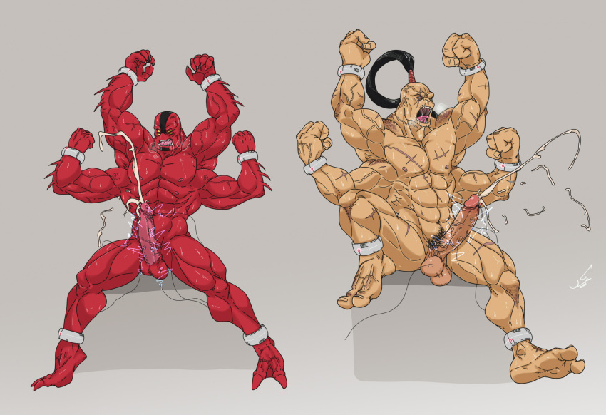 abs alien alien_humanoid balls ben_10 bodily_fluids cartoon_network duo ejaculation electrostimulation four_arms_(ben_10) genitals goro hi_res humanoid liushahuiyou male mortal_kombat muscular muscular_humanoid muscular_male pecs penis scar shokan spikes spikes_(anatomy) sweat tetramand vein veiny_muscles veiny_penis