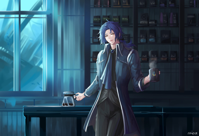 1boy absurdres ascot bag black_pants black_shirt blue_ascot blue_coat blue_hair blue_theme cafe chesed_(project_moon) coat coffee coffee_pot collared_coat collared_shirt cup highres indoors library_of_ruina long_sleeves low_ponytail male_focus mug pants project_moon ruiieru shirt solo table window yellow_eyes