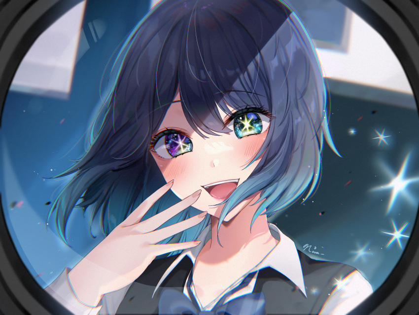 1girl :d black_vest blue_bow blue_bowtie blue_eyes blue_hair blush bow bowtie chromatic_aberration collared_shirt commentary_request film_grain gradient_hair hair_between_eyes hand_up highres kurokawa_akane light_blue_hair light_particles long_shirt looking_at_viewer medium_hair multicolored_hair open_mouth oshi_no_ko portrait pov_peephole purple_eyes shade shirt signature smile solo star-shaped_pupils star_(symbol) symbol-shaped_pupils teeth upper_teeth_only vest white_shirt yoitsuki_nema