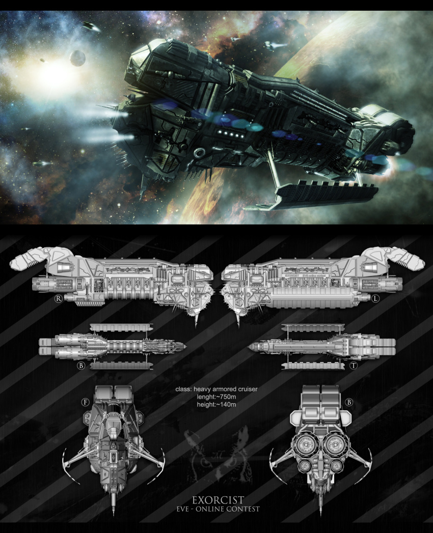 3d battlecruiser_(eve_online) caldari_state_(eve_online) commentary concept_art copyright_name diagonal_stripes eve_online flying from_side glowing grey_theme highres military_vehicle morxx multiple_views nebula original outdoors planet realistic reference_sheet science_fiction sky spacecraft star_(sky) starry_sky striped thrusters vehicle_focus
