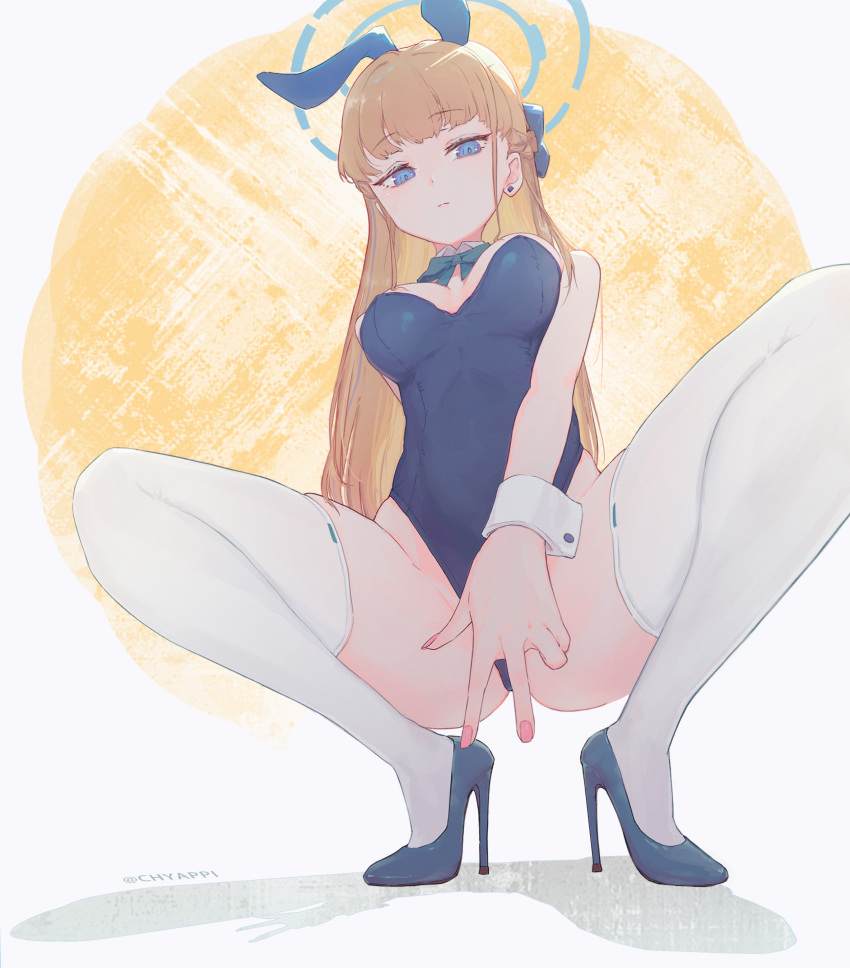 1girl absurdres animal_ears blonde_hair blue_archive blue_eyes blue_footwear blue_halo blue_leotard breasts chyappi closed_mouth detached_collar fake_animal_ears full_body halo high_heels highres leotard long_hair medium_breasts official_alternate_costume rabbit_ears solo squatting strapless strapless_leotard thighhighs toki_(blue_archive) toki_(bunny)_(blue_archive) twitter_username white_thighhighs wrist_cuffs