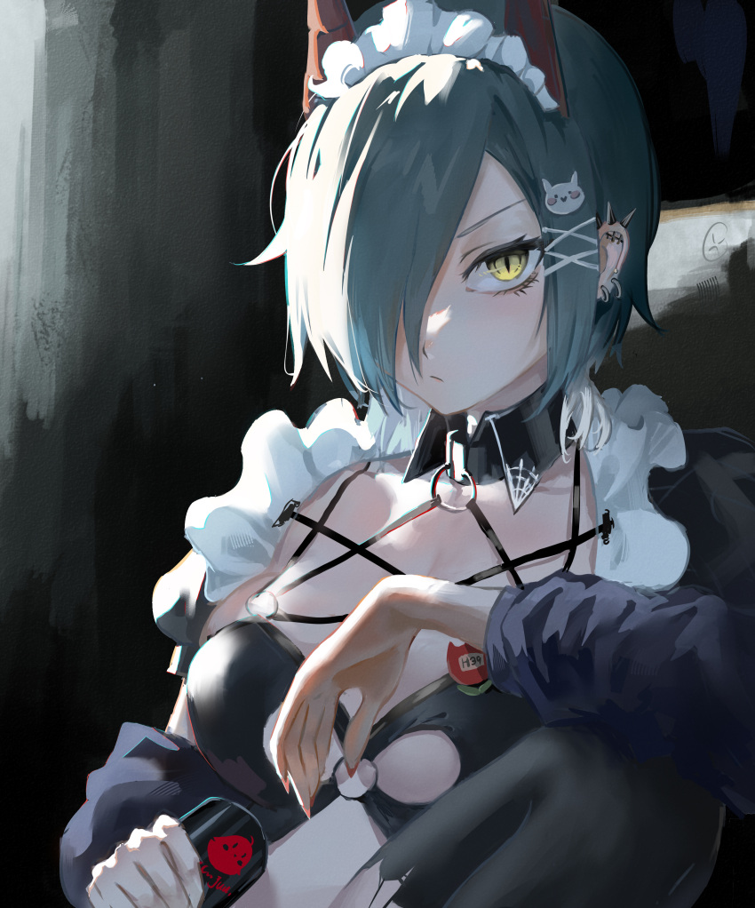 1girl a_water_cat absurdres azur_lane black_background black_bra black_choker black_collar black_hair bra breasts can cat_hair_ornament choker cleavage closed_mouth collar detached_collar ear_piercing earrings hair_ornament hair_over_one_eye hairclip highres holding holding_can horns jewelry long_sleeves looking_at_viewer maid maid_headdress mechanical_horns medium_breasts medium_hair multicolored_hair multiple_earrings nail_polish o-ring o-ring_top official_alternate_costume piercing puffy_sleeves red_horns red_nails short_hair simple_background slit_pupils solo two-tone_hair ulrich_von_hutten_(azur_lane) ulrich_von_hutten_(mayhem_maid)_(azur_lane) underwear upper_body white_hair x_hair_ornament yellow_eyes