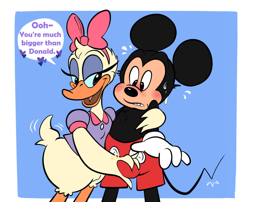 &lt;3 absurd_res accessory anatid anseriform anthro avian bird blush blush_lines bodily_fluids bow_ribbon bulge bulge_grab clothed clothing daisy_duck disney duck duo erection erection_under_clothing female groping_crotch hair_accessory hair_bow hair_ribbon hi_res kinxybunny lustful_gaze male male/female mammal mickey_mouse mouse murid murine narrowed_eyes nervous open_mouth open_smile ribbons rodent shaking shivering simple_background smile speech_bubble sweat sweatdrop tail tail_motion tailwag