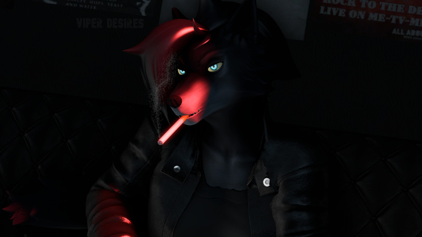 16:9 2023 3d_(artwork) anthro artist_name assassin black_body black_fur black_hair blue_eyes canid canine canis cigarette clothing detailed_background digital_media_(artwork) female fluffy fluffy_tail fur hair hi_res jacket katie_(viper-desires) leather leather_clothing leather_jacket leather_topwear long_tail mammal neon sharp_teeth short_hair sitting smoking smoking_cigarette solo source_filmmaker tail teeth topwear viper-desires watermark white_body white_fur widescreen wolf