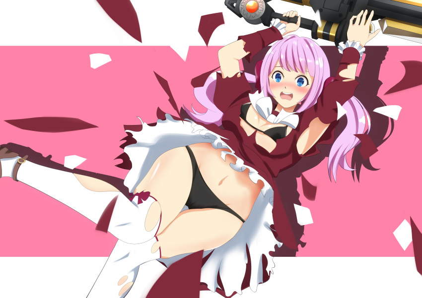 1girl absurdres ankle_strap arms_up assault_lily bikini bikini_under_clothes black_bikini blue_eyes blush bow bowtie breasts brown_footwear cameltoe clothes_lift commentary_request drop_shadow exploding_clothes feet_out_of_frame frilled_skirt frilled_sleeves frills hair_bow highres holding holding_weapon kanba_girls_high_school_uniform knees_together_feet_apart leg_up long_hair long_sleeves looking_ahead medium_breasts miniskirt navel nose_blush open_mouth pink_background pink_hair red_bow red_shirt red_skirt sadamori_himeka school_uniform senri_(senri03151221) shirt shoes skirt skirt_lift solo standing standing_on_one_leg stomach swimsuit teeth thigh_bow thigh_gap thighhighs torn_clothes torn_shirt torn_skirt torn_sleeves torn_thighhighs twintails two-tone_background upper_teeth_only wavy_mouth weapon white_background white_bow white_bowtie white_thighhighs