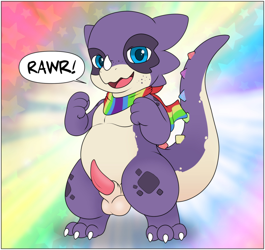 animal_genitalia anthro balls bandanna big_tail blue_eyes countershading genitals hi_res kemono kerchief kobold lgbt_pride male penis pride_colors purple_body purple_scales rainbow_pride_colors scales sheath solo tail tapering_penis xenoyia xenoyia_(artist)