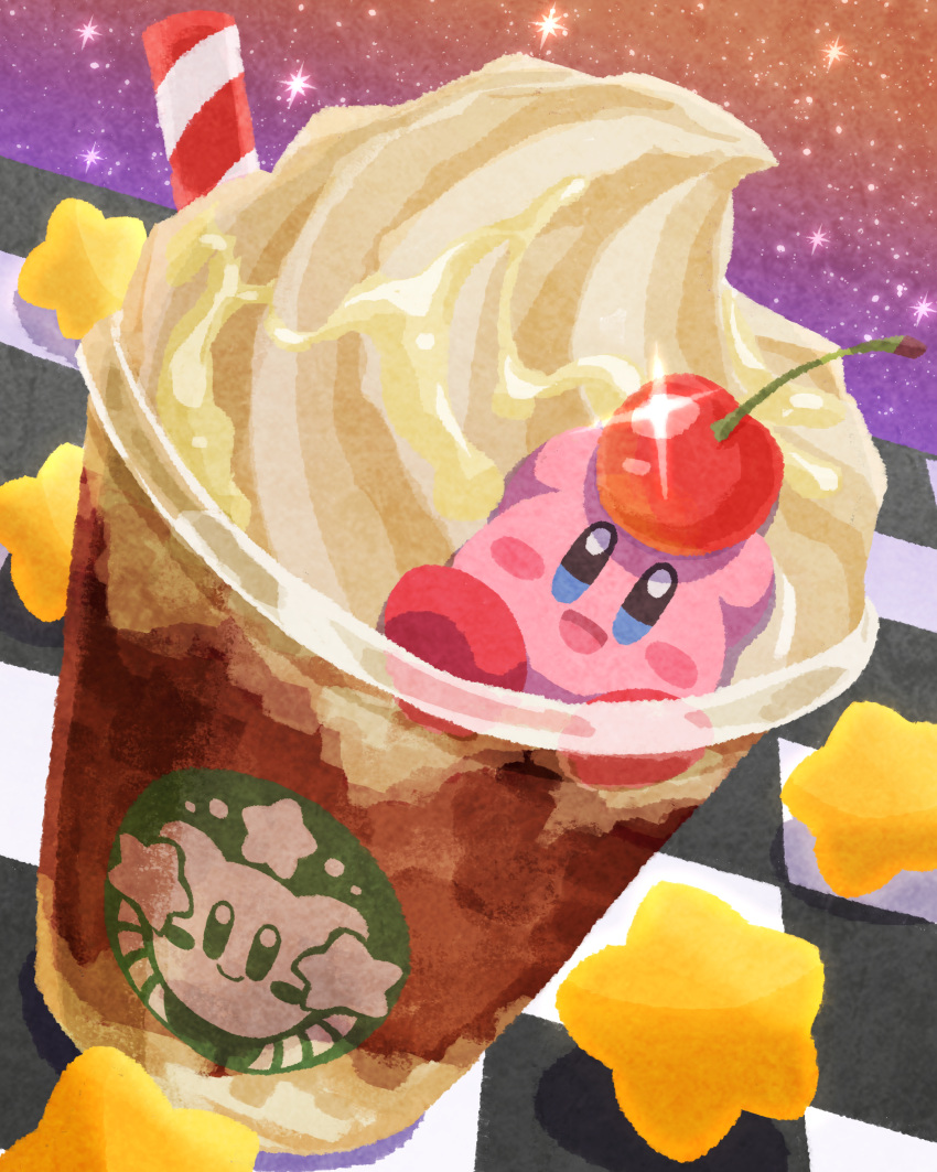 absurdres blush_stickers checkered_floor cherry colored_skin cup disposable_cup drinking_straw food fruit highres ice_cream kirby kirby_(series) looking_at_viewer miclot no_humans open_mouth pink_skin red_footwear star_(symbol) starbucks starry_background