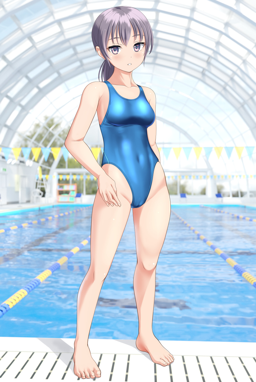 1girl absurdres barefoot blue_one-piece_swimsuit breasts commentary_request competition_swimsuit covered_navel grey_eyes grey_hair hand_on_own_hip highleg highleg_swimsuit highres indoors lane_line looking_at_viewer low_ponytail medium_breasts medium_hair one-piece_swimsuit original pool solo standing string_of_flags swimsuit takafumi