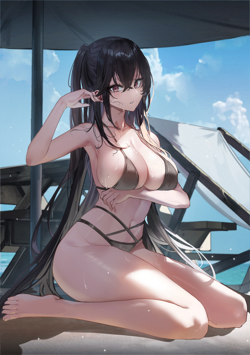 1girl arm_under_breasts azur_lane beach_umbrella bench bikini black_bikini blue_sky breasts cloud day full_body highres large_breasts long_hair looking_at_viewer maanu navel one_side_up outdoors parted_lips red_eyes sitting sky solo stomach swimsuit table taihou_(azur_lane) umbrella very_long_hair wariza