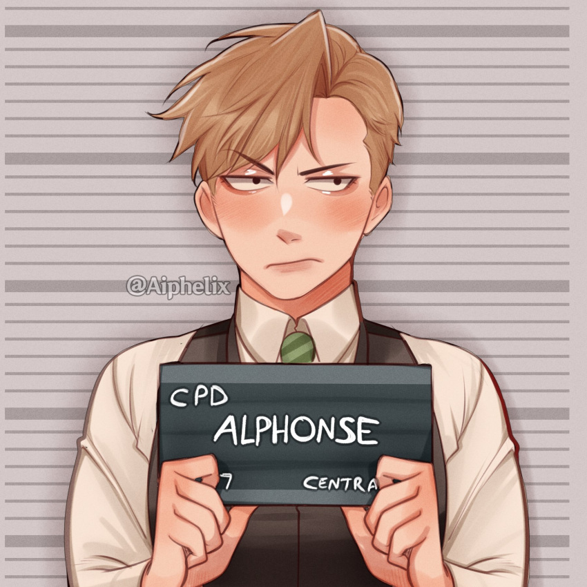 1boy aiphelix alphonse_elric barbie_mugshot_(meme) blonde_hair character_name english_text fullmetal_alchemist green_necktie height_mark highres holding holding_sign long_sleeves male_focus meme necktie prisoner short_hair sign upper_body yellow_eyes