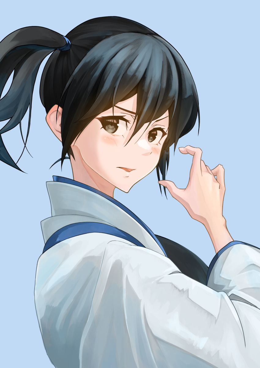 1girl absurdres black_hair blue_background brown_eyes echo-kilo from_side highres japanese_clothes kaga_(kancolle) kantai_collection long_hair looking_at_viewer looking_to_the_side muneate side_ponytail simple_background solo