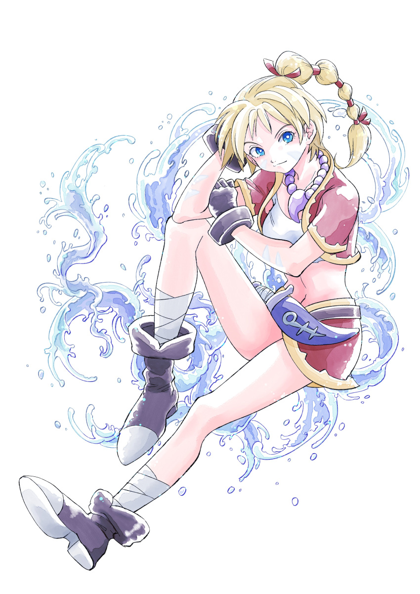 1girl absurdres bandages blonde_hair blue_eyes breasts chrono_cross closed_mouth crop_top damegamega facial_mark full_body gloves high_ponytail highres jewelry kid_(chrono_cross) long_hair looking_at_viewer midriff multi-tied_hair navel necklace ponytail skirt smile solo vest water white_background