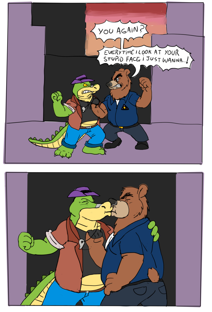 2023 alligator alligatorid anthro bear bottomwear brok_(character) brok_the_investigator brown_body clothing comic crocodilian dialogue duo english_text green_body hat headgear headwear hi_res humanoid_hands ishugma kissing male male/male mammal pants r.j._(brok_the_investigator) reptile scalie shirt slightly_chubby text topwear