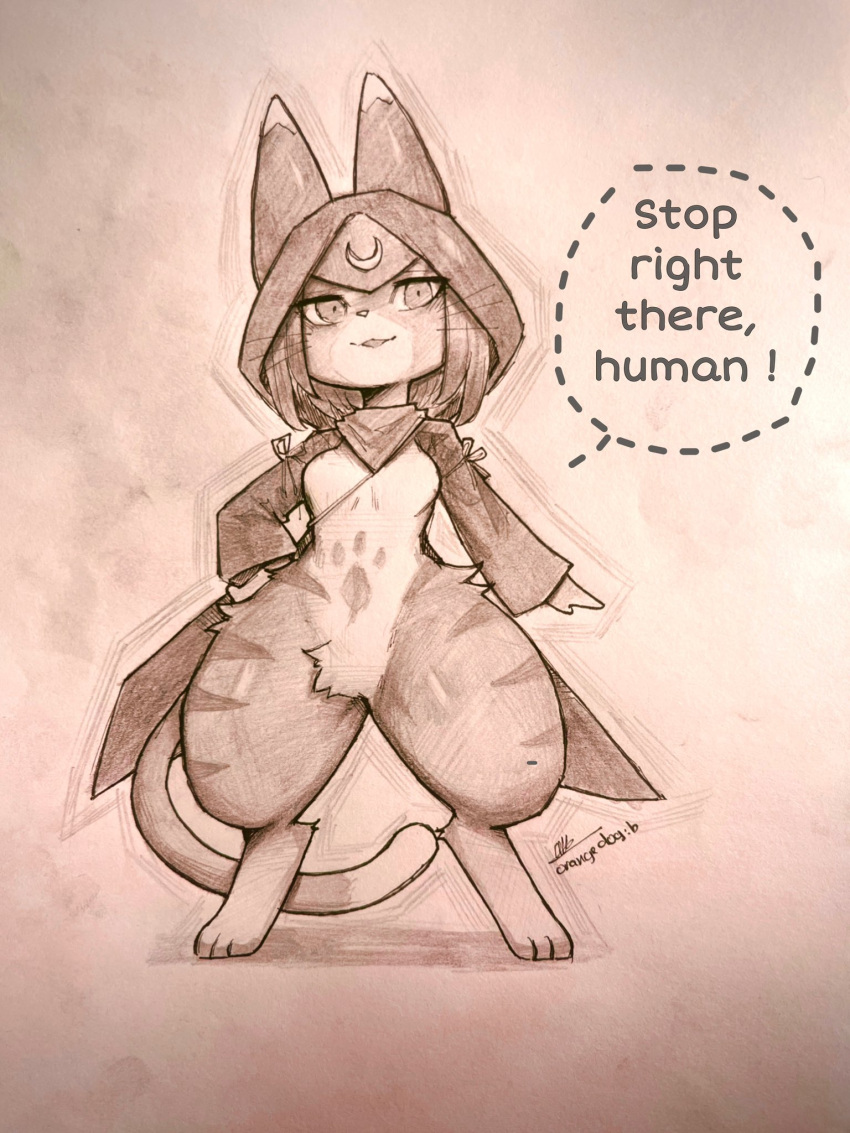 anthro breasts capcom crotch_tuft dialogue featureless_breasts featureless_crotch felid felyne female front_view hair hi_res hood looking_at_viewer lynian mammal monochrome monster_hunter monster_hunter_stories_2:_wings_of_ruin orangedog palico short_stack sketch solo speech_bubble standing thick_thighs tsukino_(monster_hunter_stories) tuft whiskers