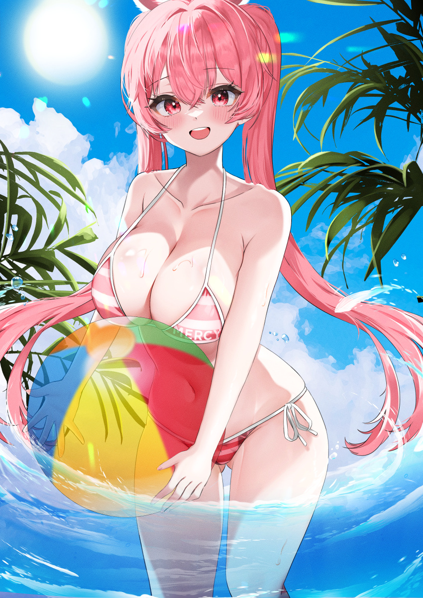 1girl absurdres ass_visible_through_thighs ball beach beachball bikini blue_sky blush breasts cleavage cloud collarbone day hair_between_eyes highres holding holding_ball holding_beachball large_breasts long_hair looking_at_viewer muang_(muang_vrc) navel outdoors palm_tree partially_submerged pink_bikini pink_hair red_eyes side-tie_bikini_bottom sky smile striped striped_bikini sunlight swimsuit teeth tree twintails upper_teeth_only very_long_hair vrchat water_drop