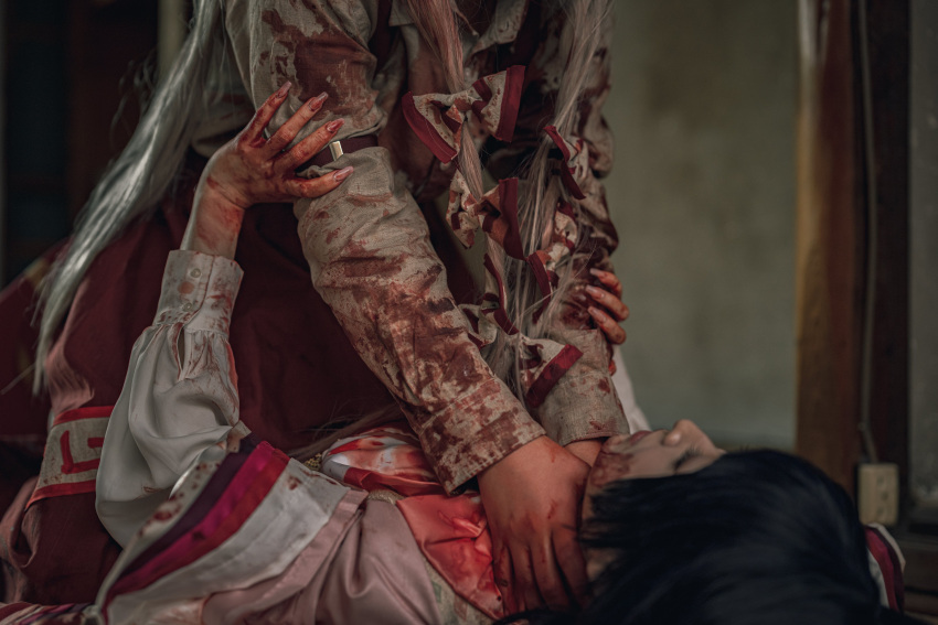 2girls absurdres black_hair blood blood_in_hair blood_on_clothes blood_on_face blood_on_hands blood_stain collared_shirt cosplay cosplay_photo fujiwara_no_mokou hair_ribbon highres hime_cut houraisan_kaguya long_hair long_sleeves multiple_girls murder nail_polish ofuda ofuda_on_clothes pants photo_(medium) pink_shirt red_pants ribbon shirt sleeves_past_wrists strangling suspenders touhou tuzura_cosplay very_long_hair white_hair white_ribbon white_shirt wide_sleeves