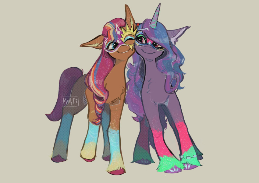 2023 blue_eyes blue_hair blue_mane bracelet chest_tuft digital_media_(artwork) duo ear_tuft earth_pony equid equine female fetlocks fur hair hasbro hi_res hooves horn horse izzy_moonbow_(mlp) jewelry kaff_i leg_tuft long_hair long_mane mammal mane mask mlp_g5 multicolored_hair multicolored_mane my_little_pony orange_body orange_fur pink_hair pink_hooves pink_mane pink_tail pony purple_body purple_eyes purple_fur purple_hair purple_hooves purple_mane smile sunny_starscout_(mlp) tail tuft two_tone_hair two_tone_mane unicorn