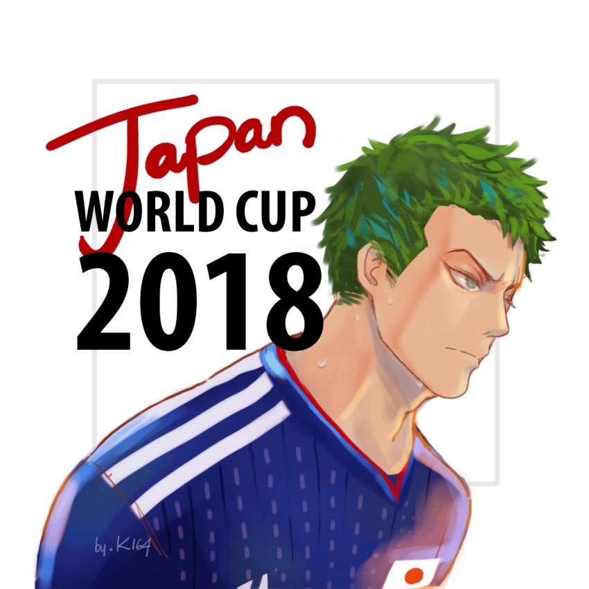 1boy 2018 2018_fifa_world_cup alternate_costume artist_name closed_mouth english_text green_eyes green_hair highres japan japanese_flag k164 male_focus one_piece roronoa_zoro shirt short_hair soccer soccer_uniform solo sportswear world_cup