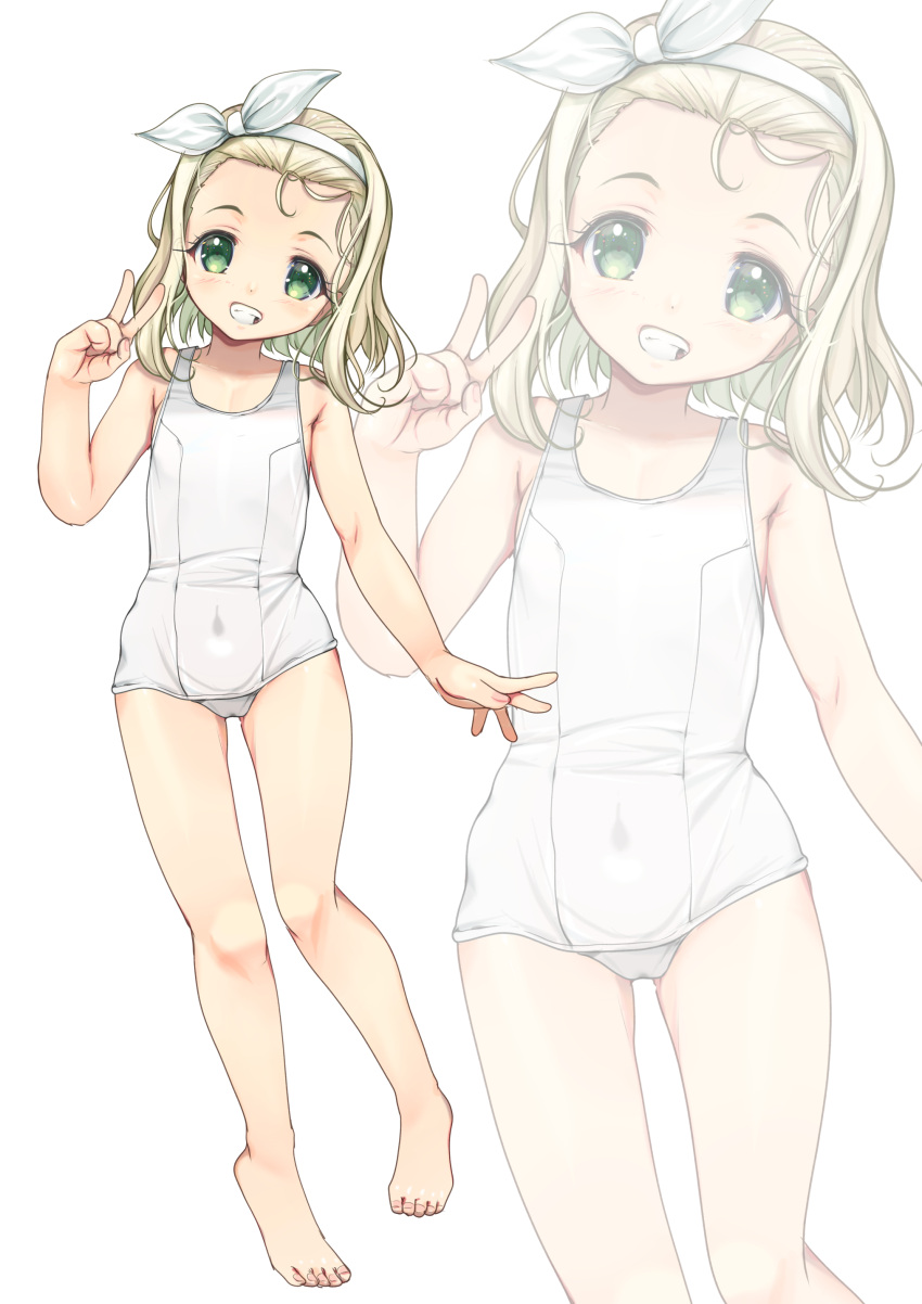 1girl absurdres barefoot blonde_hair brown_eyes commentary_request flat_chest green_eyes grin hairband highres i-504_(kancolle) kantai_collection luigi_torelli_(kancolle) multiple_views one-piece_swimsuit school_swimsuit simple_background smile swimsuit v white_background white_hairband white_one-piece_swimsuit yashin_(yasinz)
