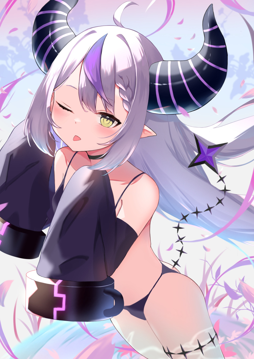 1girl absurdres ahoge bangs bikini black_bikini black_choker blush braid choker commentary demon_girl demon_horns detached_sleeves grey_hair hands_up highres hololive horns la+_darknesss long_hair long_sleeves looking_at_viewer multicolored_hair nicky0 one_eye_closed petals pointy_ears purple_hair sidelocks sleeves_past_fingers sleeves_past_wrists solo star_(symbol) streaked_hair striped_horns swimsuit tail tongue tongue_out virtual_youtuber yellow_eyes