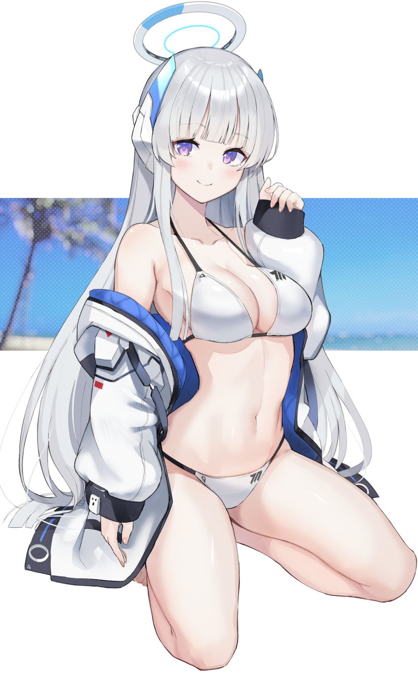 1girl arm_at_side bikini bikini_under_clothes blue_archive blush breasts cleavage closed_mouth collarbone commentary fingernails grey_hair halo hand_up headphones highres isegawa_yasutaka jacket long_hair long_sleeves looking_at_viewer mechanical_halo navel noa_(blue_archive) off_shoulder open_clothes open_jacket puffy_long_sleeves puffy_sleeves purple_eyes seiza sitting sleeves_past_wrists smile solo stomach swimsuit two-sided_fabric two-sided_jacket very_long_hair white_bikini white_jacket