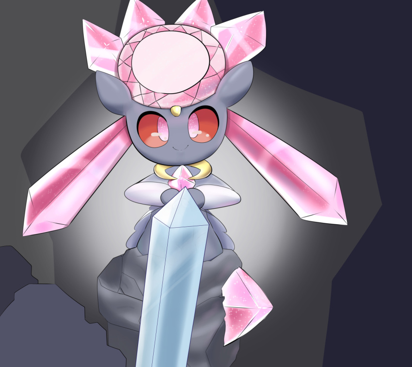 2021 balls censored clothed clothing convenient_censorship crystal dizzytizzy dress erection flashing genitals grey_body hi_res humanoid ineffective_censorship legendary_pokemon looking_at_viewer male mega_diancie mega_evolution nintendo penis pink_eyes pokemon pokemon_(species) raised_clothing raised_dress red_sclera smile solo