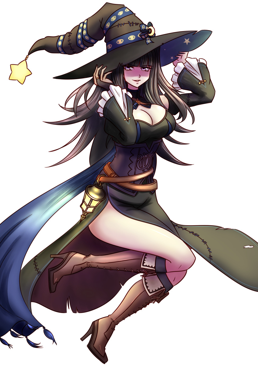 1girl absurdres alternate_costume black_hair blunt_bangs breasts cleavage cleavage_cutout clothing_cutout fire_emblem fire_emblem_awakening halloween_costume hat highres kneehighs long_hair long_sleeves purple_eyes socks solo tharja_(fire_emblem) will_(willanator93) witch witch_hat