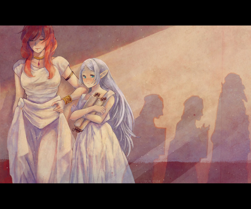 2girls absurdres armlet blue_eyes bracelet closed_eyes dated dress elf flamme_(sousou_no_frieren) frieren grey_hair hei-b highres holding holding_scroll jewelry letterboxed lifted_by_self lipstick long_hair makeup multiple_girls pointy_ears red_hair scroll shadow sousou_no_frieren very_long_hair white_dress
