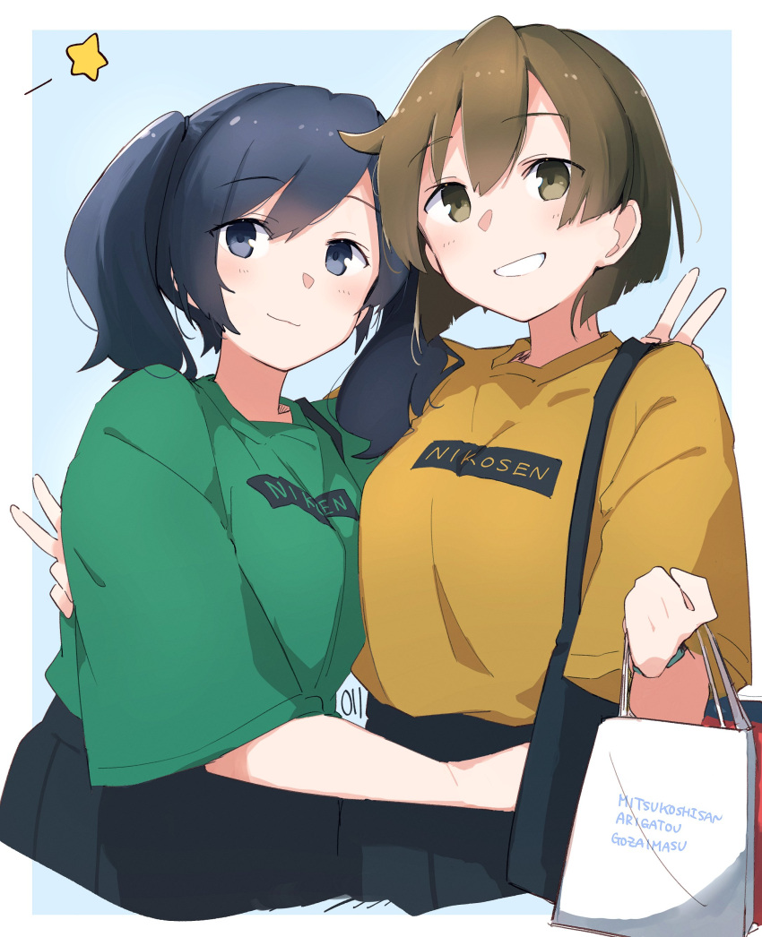 2girls absurdres bag blue_eyes blue_hair blush brown_eyes brown_hair closed_mouth green_shirt green_skirt grin highres hiryuu_(kancolle) holding holding_bag kantai_collection ma_rukan multiple_girls one_side_up orange_shirt shirt shopping_bag short_hair short_sleeves signature skirt smile souryuu_(kancolle) star_(symbol) twintails