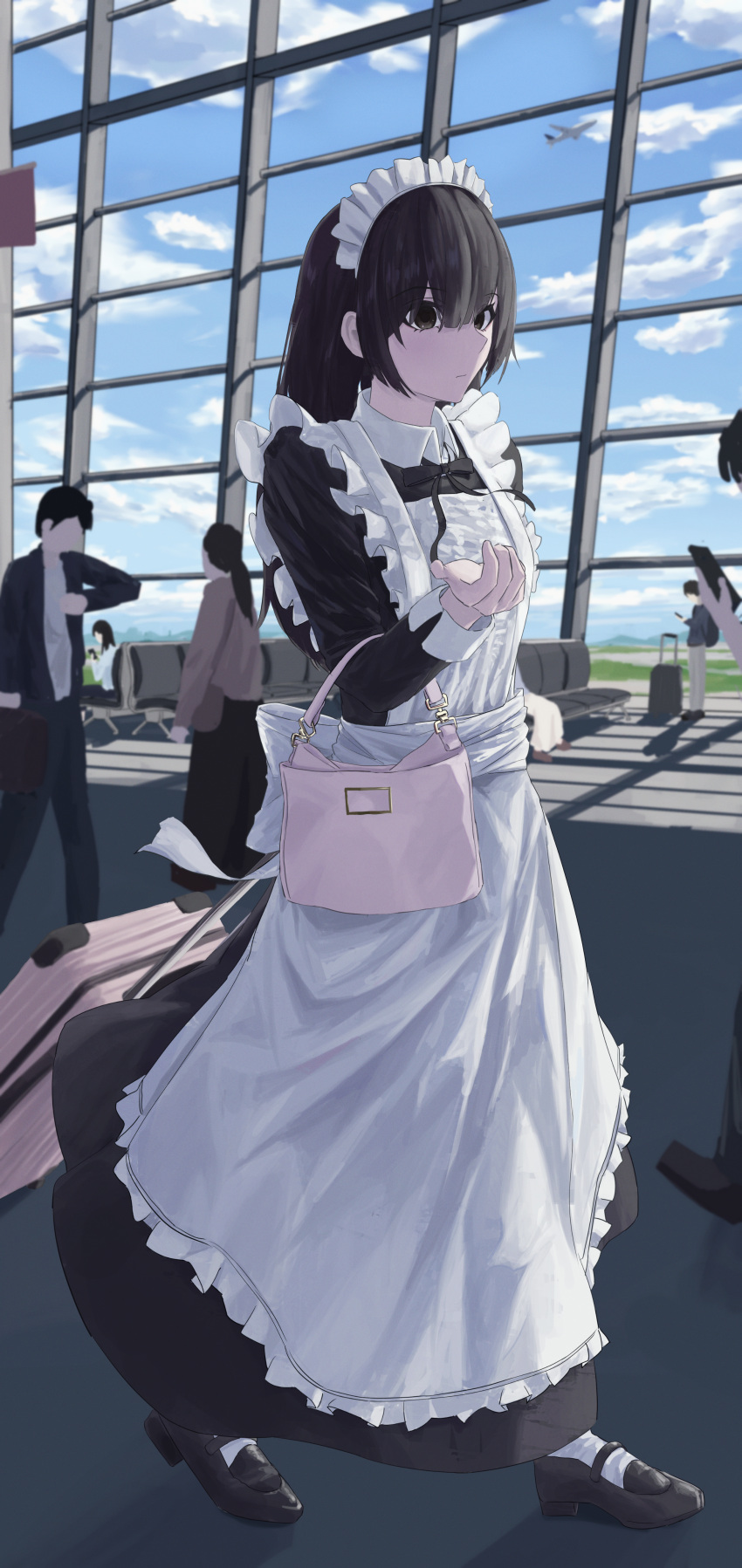 3boys 3girls absurdres airport apron bag bench black_dress black_eyes black_footwear black_hair blue_sky closed_mouth commentary_request day dress handbag highres holding holding_bag holding_suitcase indoors long_hair long_sleeves maid maid_apron maid_headdress mary_janes muginosa multiple_boys multiple_girls original rolling_suitcase shoes sitting sky socks solo_focus suit suitcase walking white_apron white_headdress white_socks