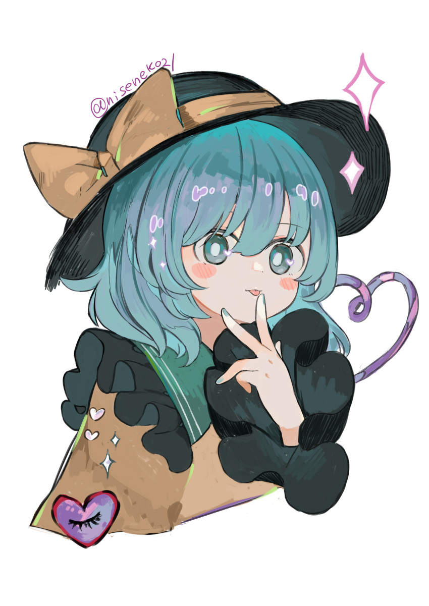 1girl absurdres black_headwear blush collared_shirt fingernails frilled_shirt_collar frilled_sleeves frills green_eyes green_hair green_nails hat hat_ribbon heart heart_of_string highres komeiji_koishi long_sleeves medium_hair nail_polish niseneko_(mofumofu_ga_ienai) ribbon shirt simple_background solo third_eye tongue tongue_out touhou twitter_username upper_body white_background yellow_ribbon yellow_shirt